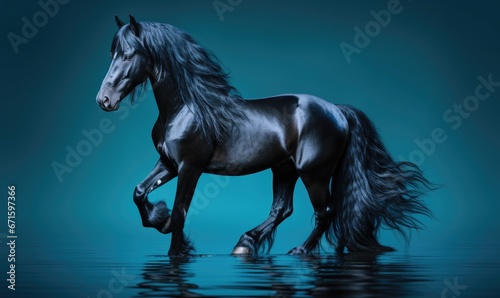 Black horse with long mane running in water on dark blue background