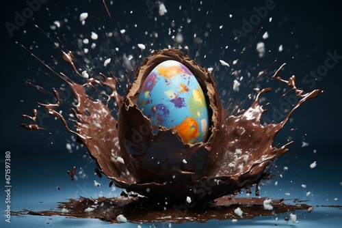 Chocolate Easter egg exploding. Generative AI © Mia