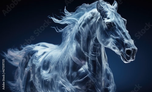 White horse with long mane on blue background. Wind horse spirit. Ice horse silhouette in dynamic pose.