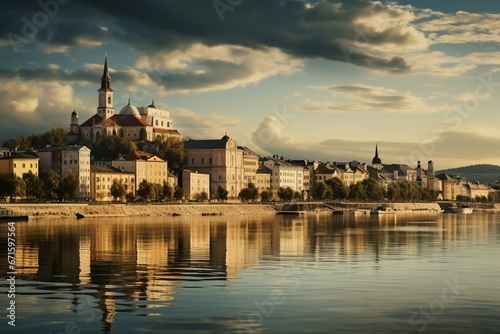 City alongside Danube river in Austria. Generative AI