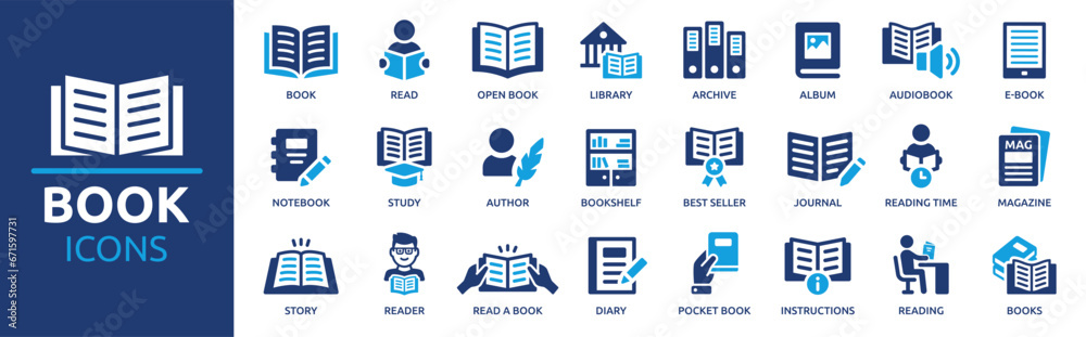 Book icon set. Containing library, read, author, journal, reading, bookshelf, magazine, e-book and more. Vector solid icons collection. - obrazy, fototapety, plakaty 