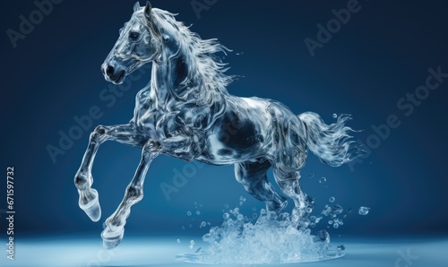 white horse running on the snow in winter. ice sculpture. glass figure of horse in dynamic pose.