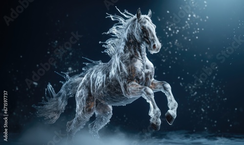 Ice sculpture of horse in dynamic pose. Beautiful horse ice figure.