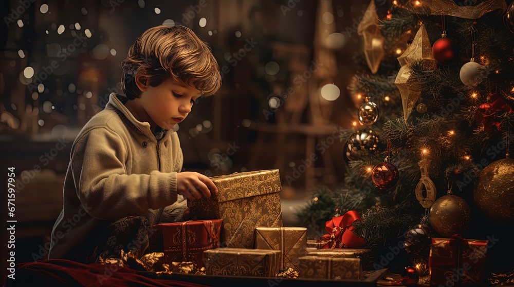cute boy opening one of Christmas present box under Christmas tree in the house, Generative Ai