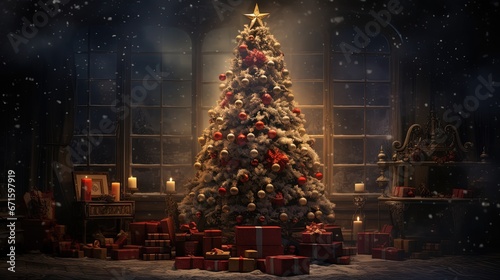 vintage house decoration for Christmas time with Christmas tree, present, and candle lights, Generative Ai