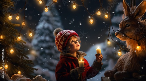 young boy walking in winter snow falling woods with candle lights and reindeer, 