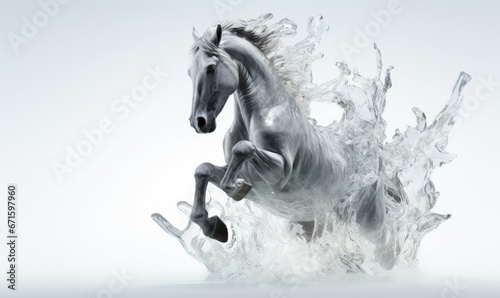 White horse with flying hair and splashes of water on white background. Frozen water splashes on background. Horse in dynamic pose.