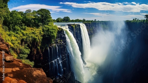 Zimbabwe side of Victoria Falls, (Mosi-oa-Tunya). Victoria Falls is a waterfall of 355ft (109m) on the Zambezi River on the border of Zambia and Zimbabwe in Southern Africa.
