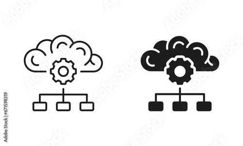 Human Brain Digital Cloud Concept Silhouette and Line Icons Set. AI Smart Technology Black Symbol Collection. Data Science, Artificial Intelligence Pictogram. Isolated Vector Illustration