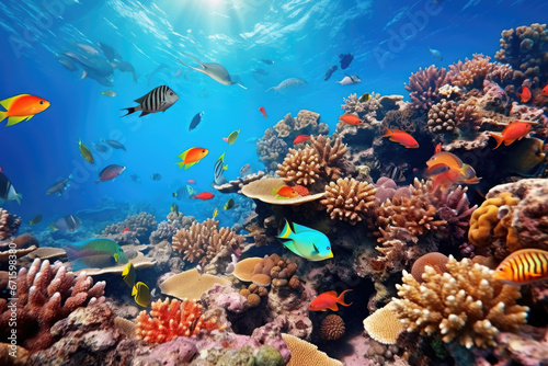 Underwater with colorful sea life fishes and plant at seabed background  Colorful Coral reef landscape in the deep of ocean. Marine life concept  Underwater world scene.
