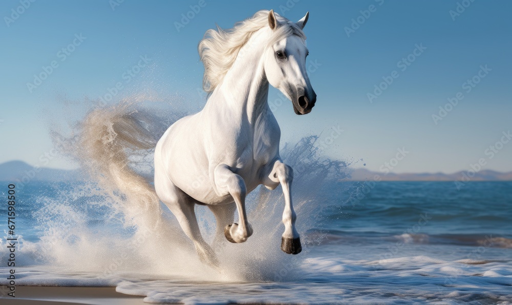 White horse running on the beach and splashing water in the sea White horse running on the beach and splashing water in the sea