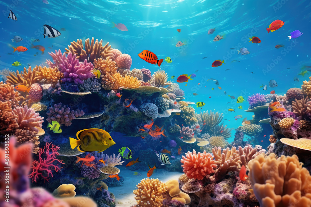 Underwater with colorful sea life fishes and plant at seabed background, Colorful Coral reef landscape in the deep of ocean. Marine life concept, Underwater world scene.