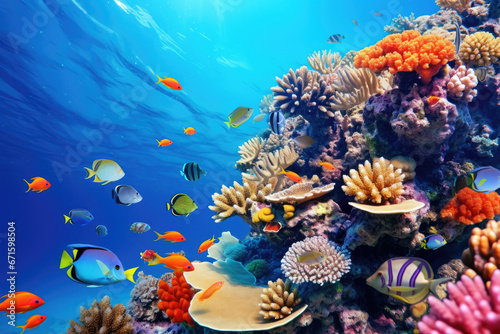 Underwater with colorful sea life fishes and plant at seabed background, Colorful Coral reef landscape in the deep of ocean. Marine life concept, Underwater world scene.