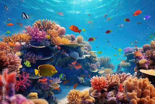 Underwater with colorful sea life fishes and plant at seabed background, Colorful Coral reef landscape in the deep of ocean. Marine life concept, Underwater world scene. © TANATPON