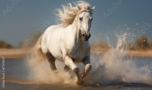 White horse running on the beach and splashing water in the sea