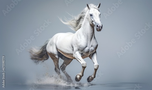 White horse running in the water on a gray background.