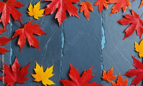 Autumn background with colored red leaves on blue slate background. 