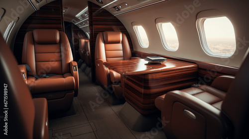 Interior of luxurious private jet. Generative AI.