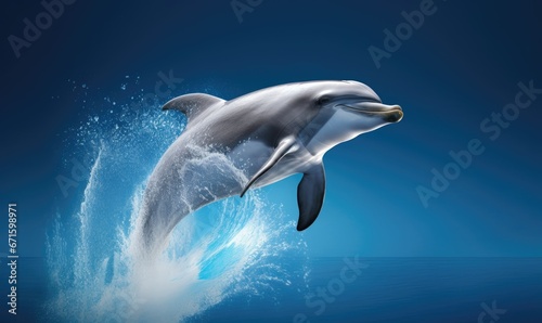 Dolphins jumping out of the water. Bright blue sky on background. Nature background.