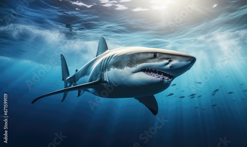Great White Shark swimming under the sea. Sunbeam lighting through water. © TheoTheWizard