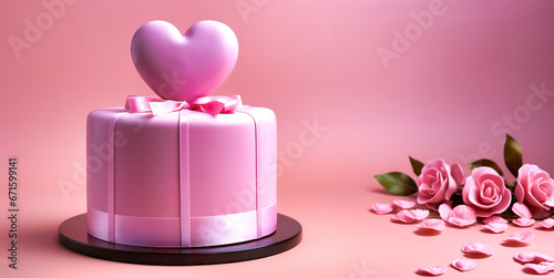 Pink cake with a heart next to a bouquet of flowers and copy space. Perfect for valentine's day. Generative AI.