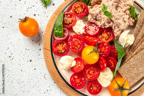 Caprese salad with Liver pate, rye crackers, healthy foods. banner, menu, recipe place for text, top view
