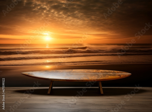 Table with wooden surfboard on the  beach at sunrise. © Saulo Collado