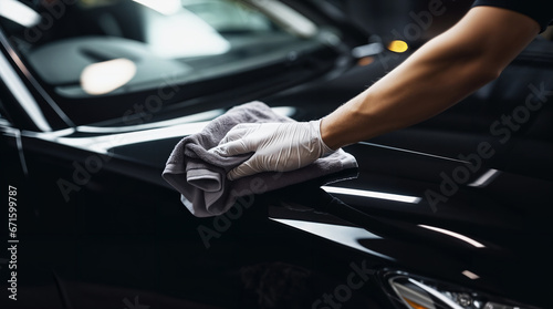 Hand of a man detailing a car, cleaning a car with a microfiber cloth, automobile wash and valeting concept, modern vehicle hd photo