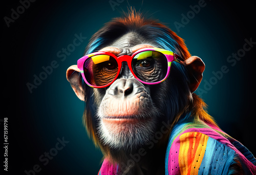 Fantasy monkey wearing glasses with multicolored style.funny wildlife in surreal surrealism art.creativity and inspiration background. © Limitless Visions