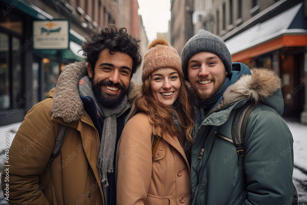 Optimistic Interracial Trio Capturing a Selfie in Wintry Street Scene - obrazy, fototapety, plakaty 