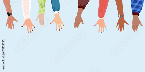 human palms with different gestures, group of diverse people arms rising together volunteer community concept. Vector flat banner. Multinational characters.  