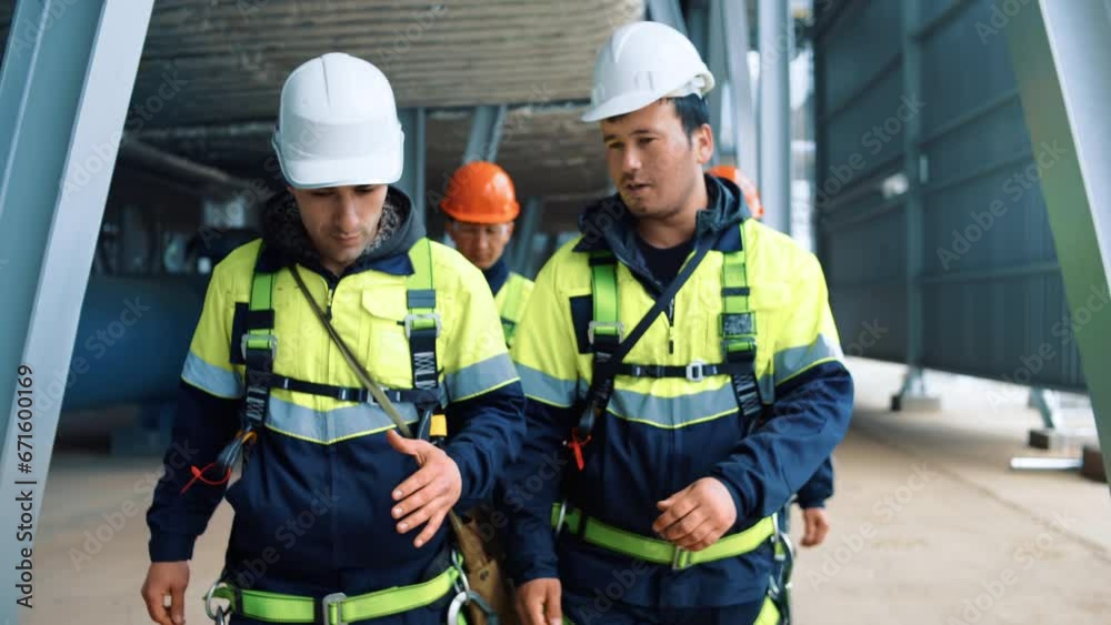 Team of industrial contractors builder metalworker walking at refinery workshop discuss job