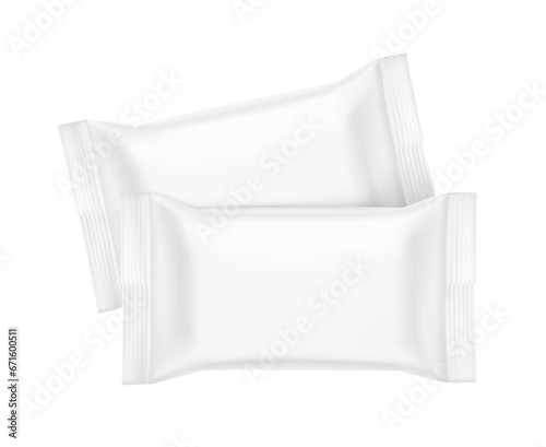 Realistic flow pack mockups. Flat lay view. Vector illustration on white background. Easy to use for presentation your product, idea, design. EPS10.	