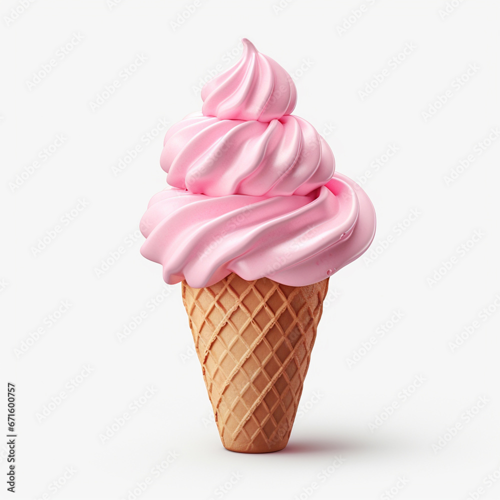 Ice cream on waffle cone strawberry flavour. 3d realistic soft milk dessert icon. Digital illustration for artwork design on neutral background Ice cream on waffle cone strawberry flavour. 3d realistic soft milk dessert icon. Digital illustration for artwork design on neutral background