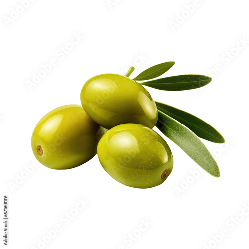 green olives with leaves isolated on transparent background