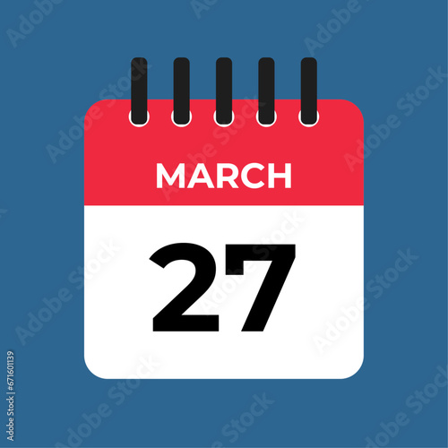 march 27 calendar reminder. 27 march daily calendar icon template. Calendar 27 march icon Design template. Vector illustration