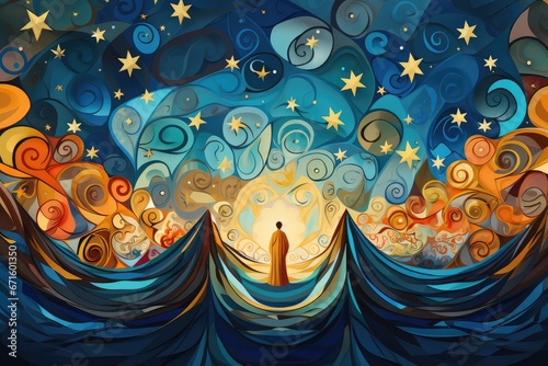 The night sky with stars and a man in the sea. January 8: Feast of the Epiphany.  photo