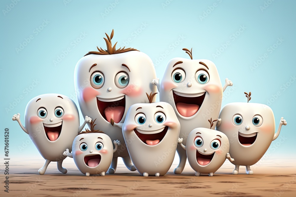 A family of happy teeth cartoon characters with smiling face