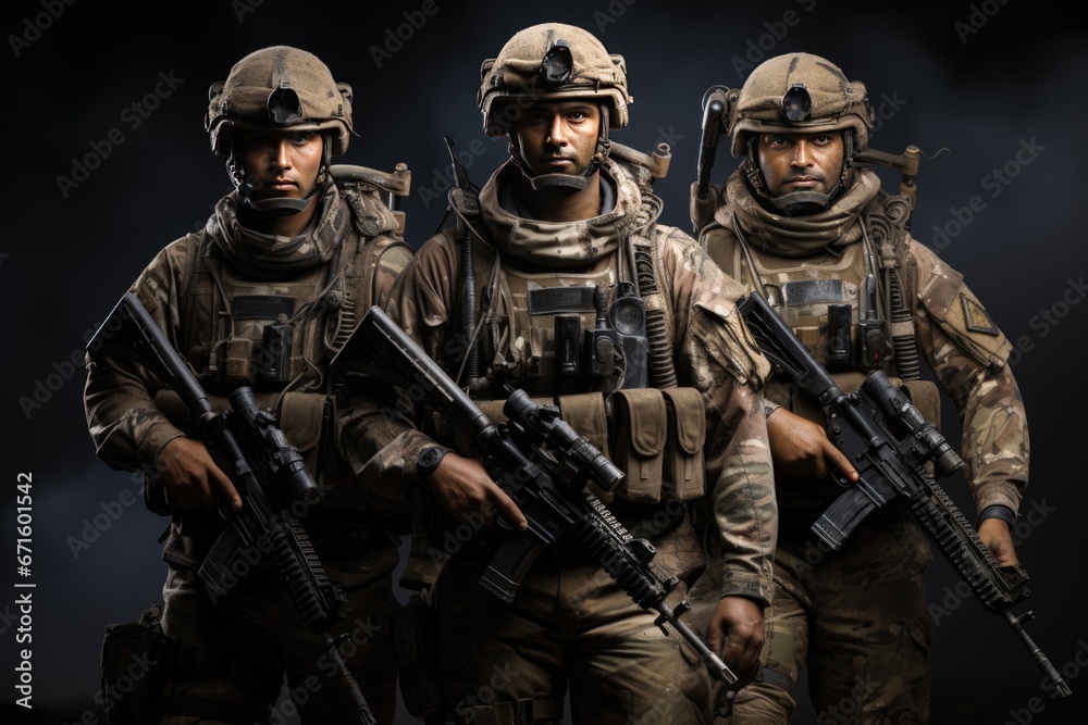 Fototapeta premium Several modern soldiers fully equipped facing the camera in dark environment