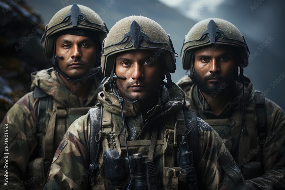 Portrait of Indian army soldiers in the gears and uniform. Portrait of Indian army soldiers in the gears and uniform.