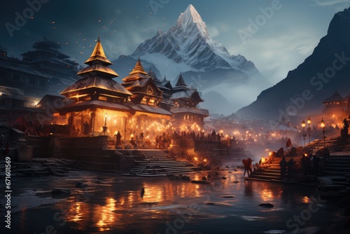 An evening prayer is being performed in Hindu temple, atmosphere lit up with flames of worship, snow mountains in the background © Anjali