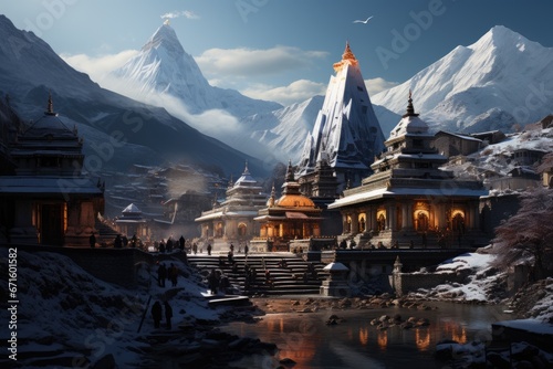 Snowy Hindu temple in the Himalayas in a snow valley photo