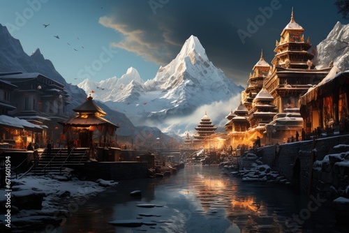 A hindu temple covered in snow with snow mountains in the background