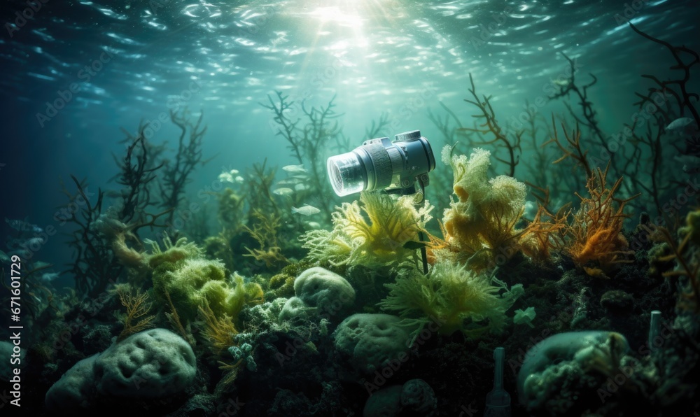 Underwater photo of the underwater world with corals and seaweed Underwater camera