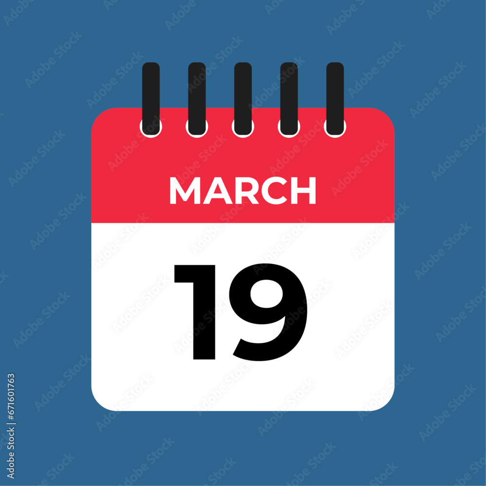 march 19 calendar reminder. 19 march daily calendar icon template. Calendar 19 march icon Design template. Vector illustration