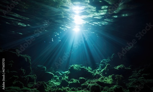 Underwater view of coral reef with sun rays shining through water surface