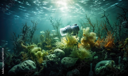 Underwater photo of the underwater world with corals and seaweed Underwater camera
