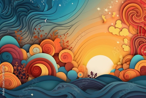 Colorful abstract background with moon and clouds, waves and leaves