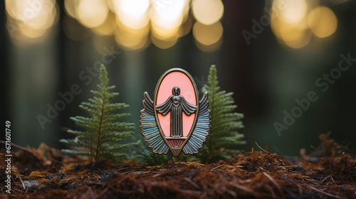 angel wings enamel pin sculpture in forest