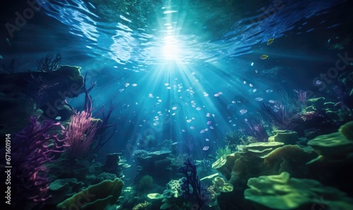 Underwater view of a tropical coral reef with fishes and rays of light